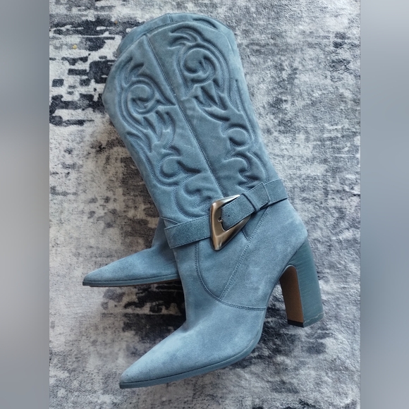 Sale! Vince Camuto Biancaa Teal Suede Heeled Boots 9.5 - Picture 2 of 12
